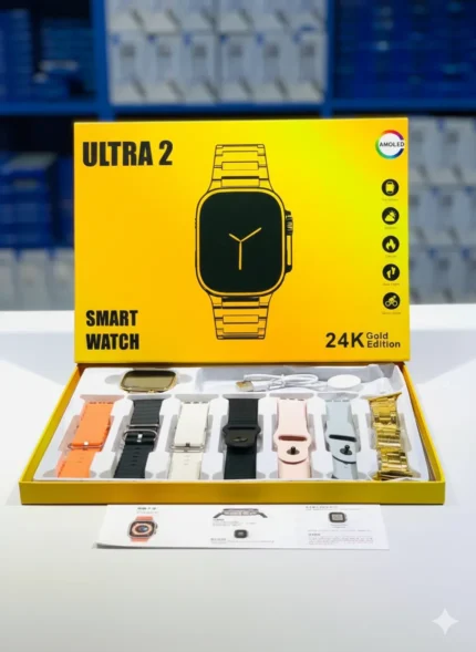 Ultra 2 Smart Watch 24K Gold Edition with AMOLED Display, Bluetooth Calling & 6 Interchangeable Straps - Men's/Women's Fitness Tracker Bundle